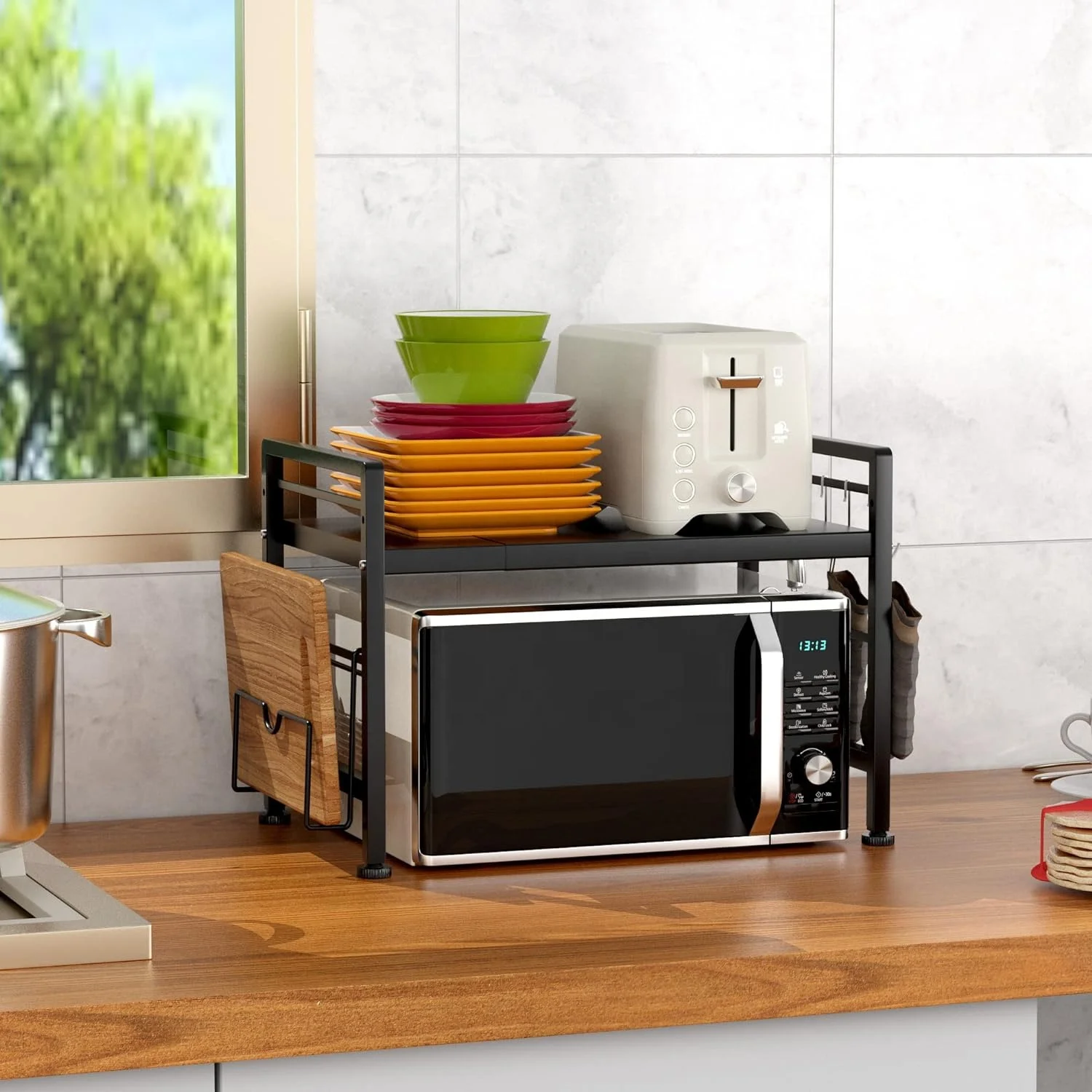 Kitchen adjustable metal expandable microwave shelf storage holders & racks microwave oven rack
