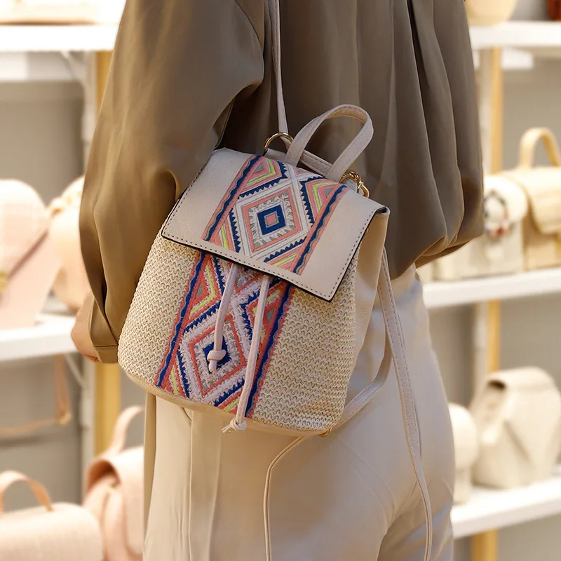 Large Capacity Cute Mini Backpack Women Mini Straw Beach Shoulder Bag Natural Straw Mini Backpack