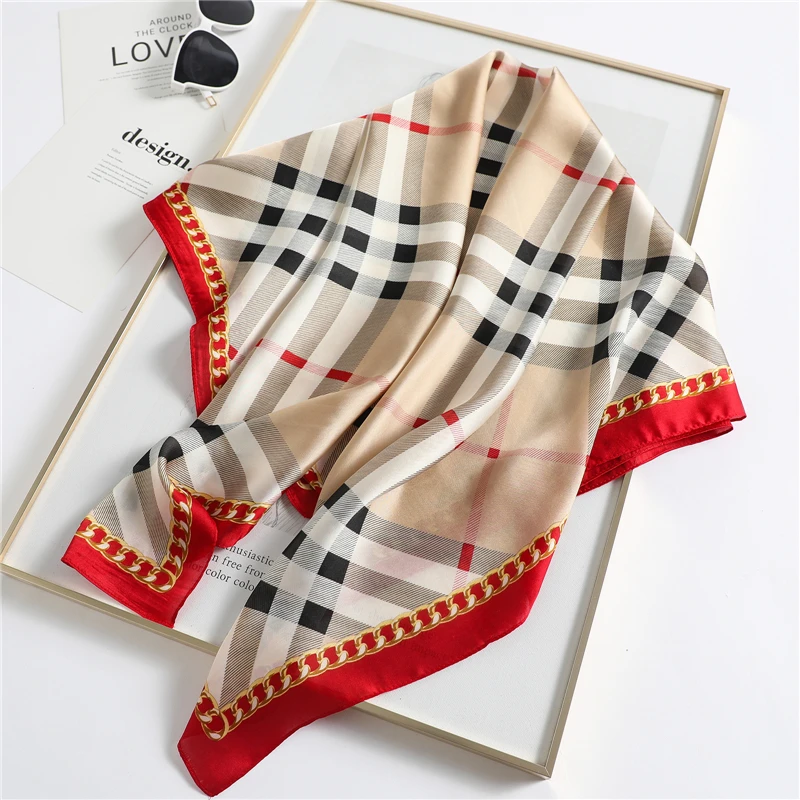 2021 Silk Head Scarf Women Luxury Plaid Print Kerchief Neck Scarfs 90cm Square Polyester Shawls and Wrpas Hair Scarves Bandana