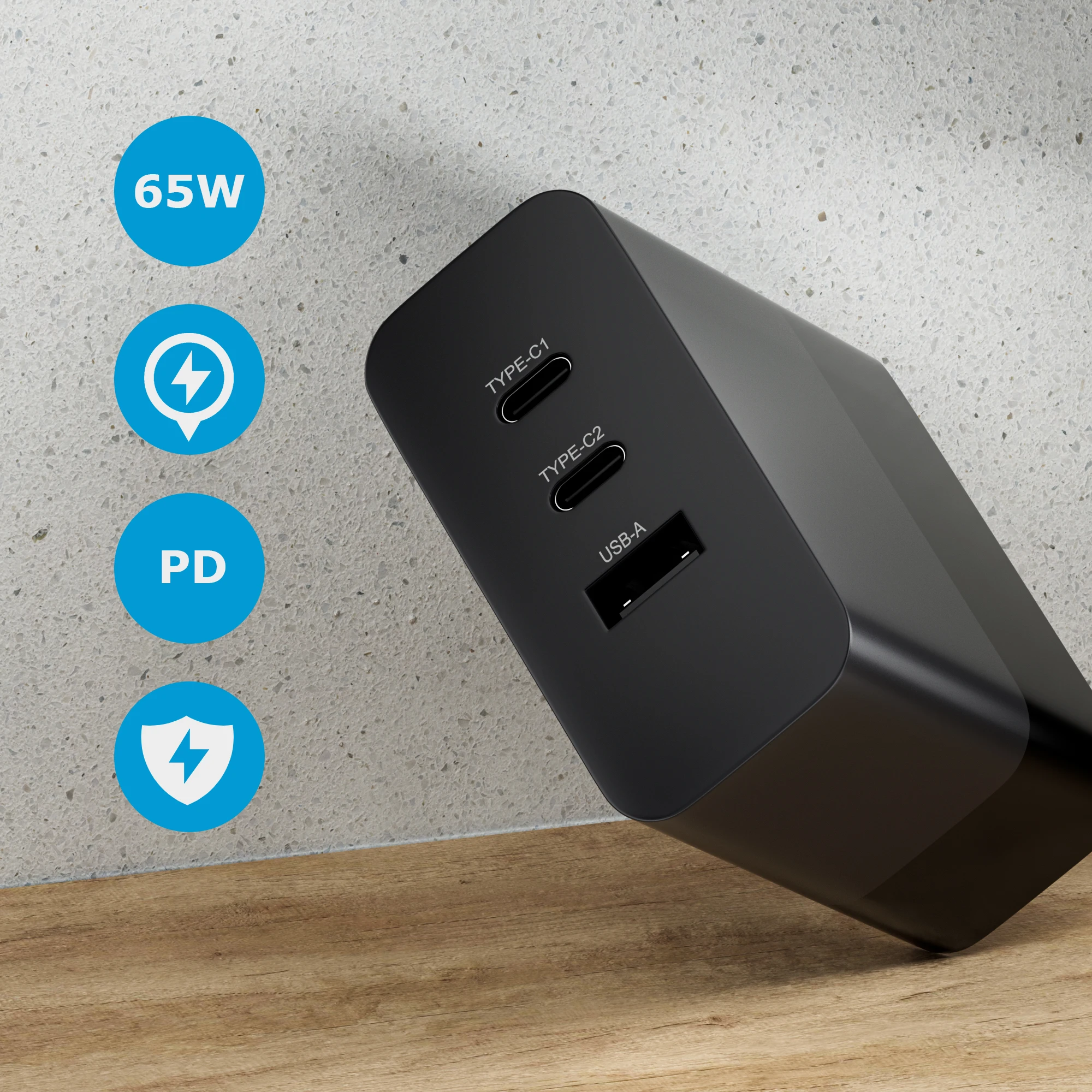 65W GaN USB Charger 3-Port, PD Fast Charger Multiport USB C Wall Charger Power Adapter for MacBook Pro Air, iPad Pro Air