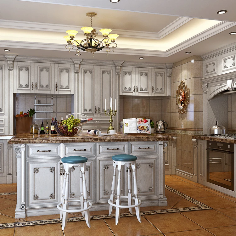 Modern Water Resistant White Carved Solid Wood Kitchen Cabinet