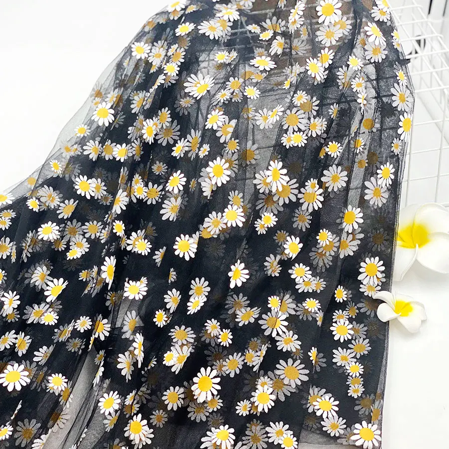 Wholesale price women party poly dress black princess skirt beautiful coated printed daisy net tulle mesh fabric