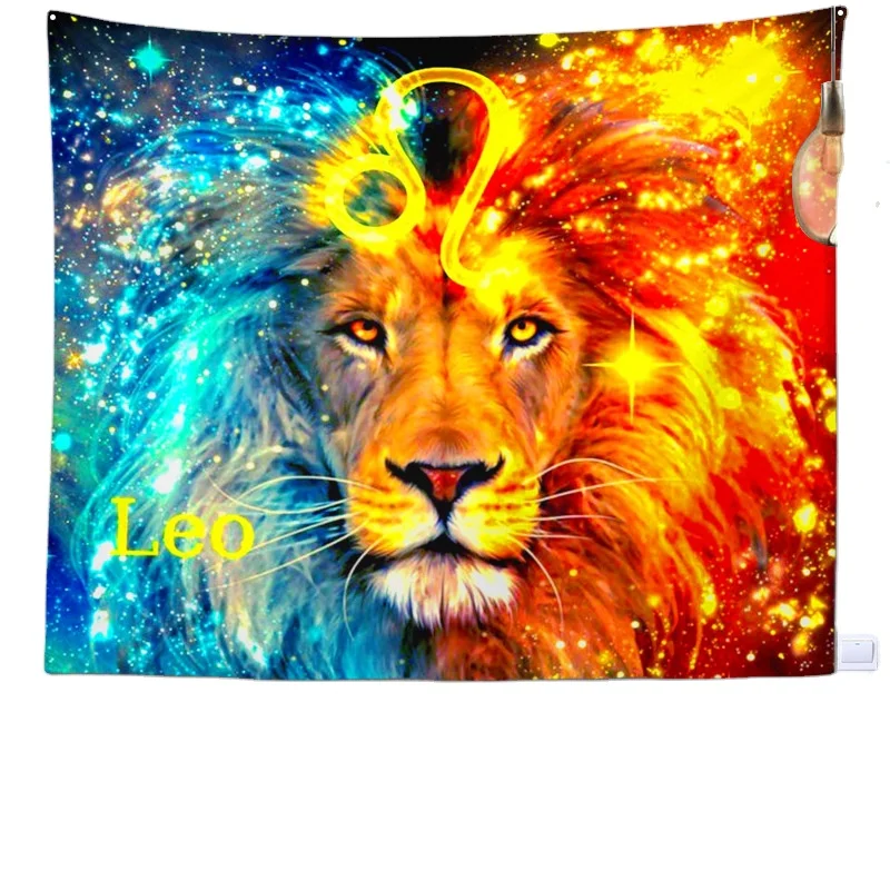 Led Colorful Psychedelic Lion Tapestry Wall Hanging Circle Wall Tapestry Psychedelic for Boys Men Leo Home Decor