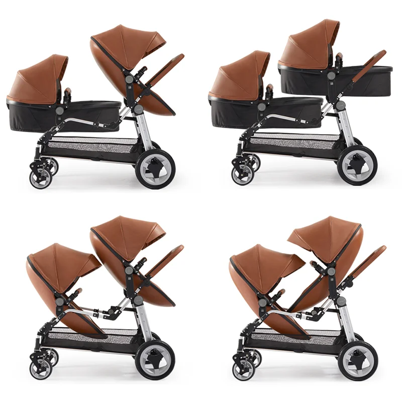 Babyfond Hot Selling PU leather Double Shell Folding Stroller Lightweight luxury Twin Stroller + Seat