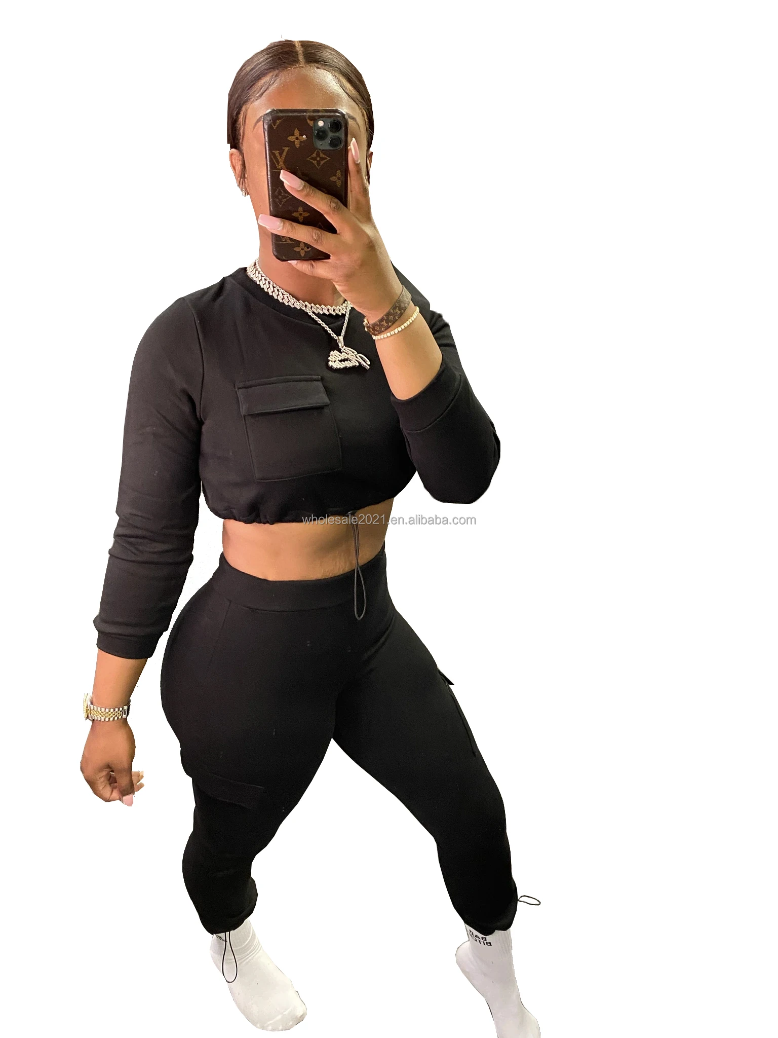 
2021 New Arrival Hot Sale Women Spring Fashion High Quality Casual Pocket Drawstring Round Collar Suit Two Piece Set Wholesale 