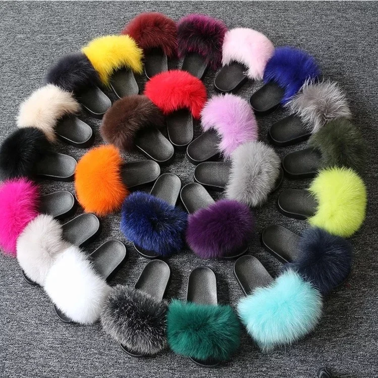 Imitation Fox Fur Slippers Faux Fluffy Plush Slide Custom Summer Women Fashion Fur Slides