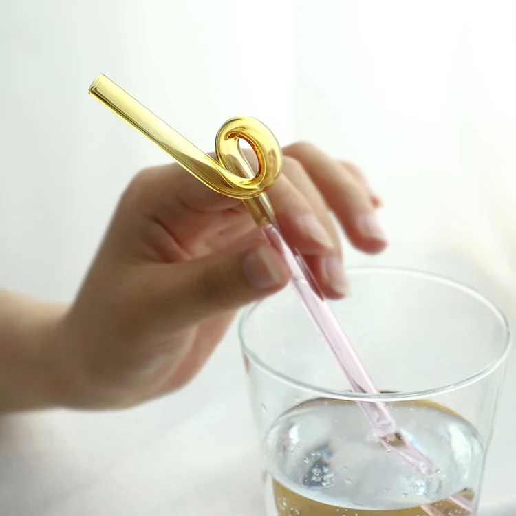High quality custom reusable cute flower colored bent cupful borosilicate glass straw with charm hook design set