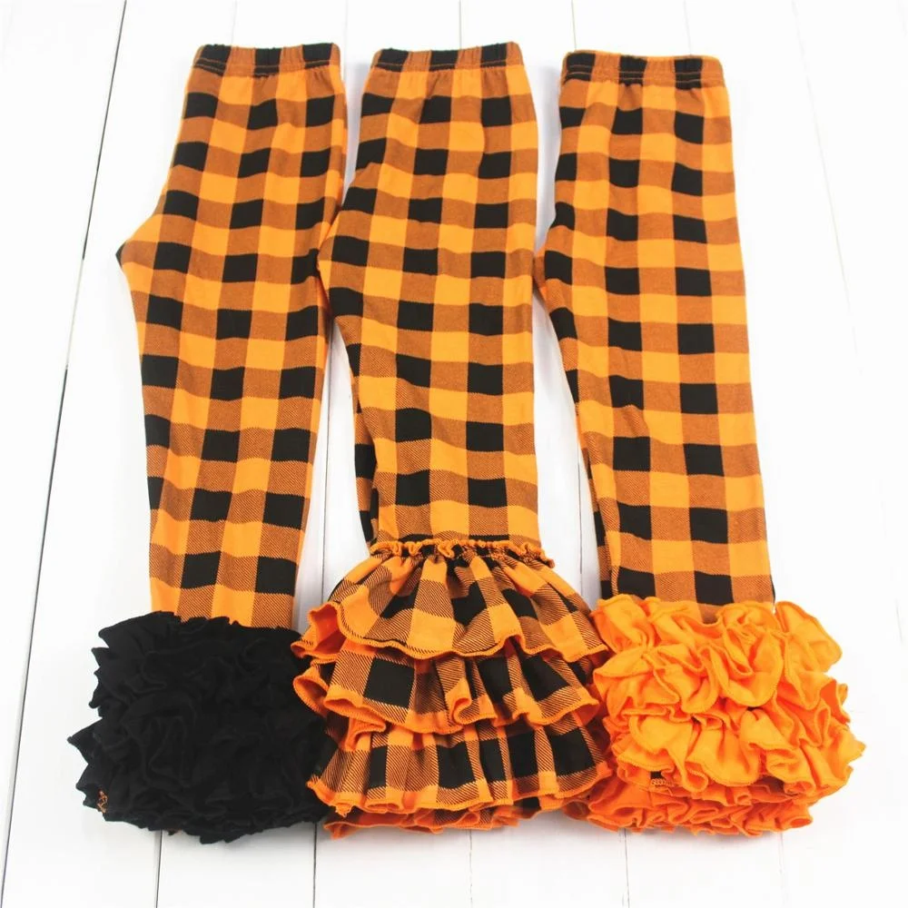 orange and black buffalo plaid leggings girls bell ruffles baby icing pants