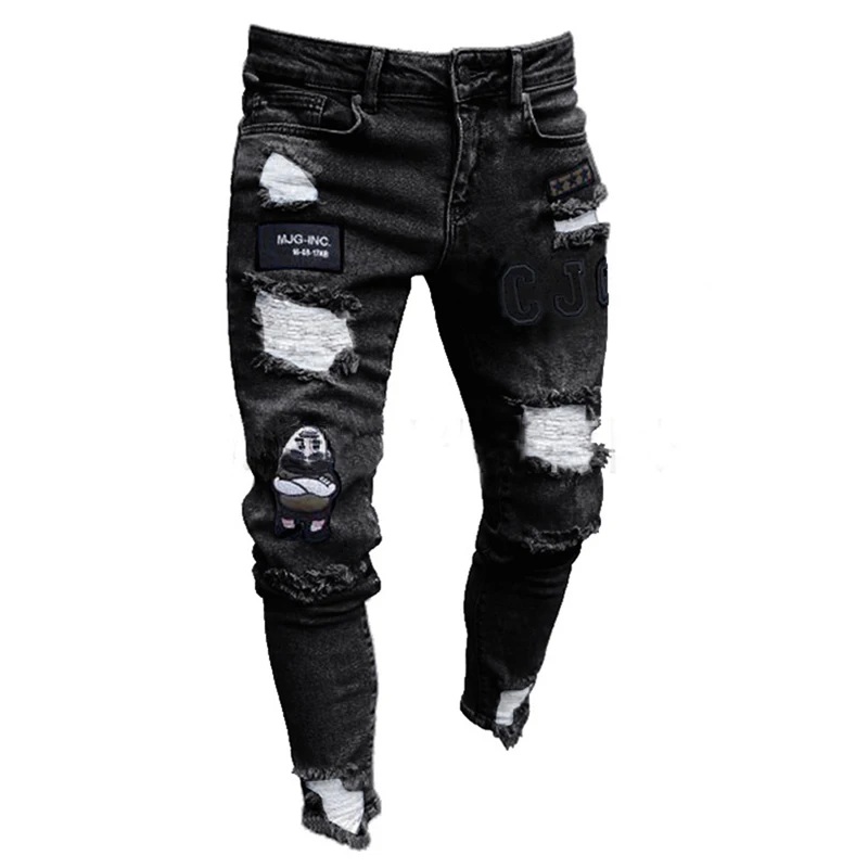  Уничтожена отверстие тесьмой Slim Fit джинсовые поцарапан высокого качества 3 вида стилей для мужчин эластичная рваные узкие байкерские с узором вышивкой и