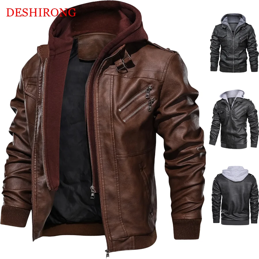 2022 New Fashion Cool Leather Jacket Men Zipper Collar Long Sleeves Hoodie Motorcycle Leather Jackets