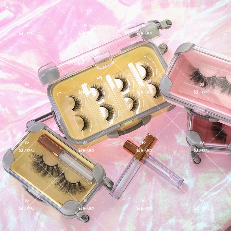 False Eyelashes Packaging Box Plastic Mini Suitcase Favor Box Rolling Empty Lash Boxes Trolley Tiny Suitcase