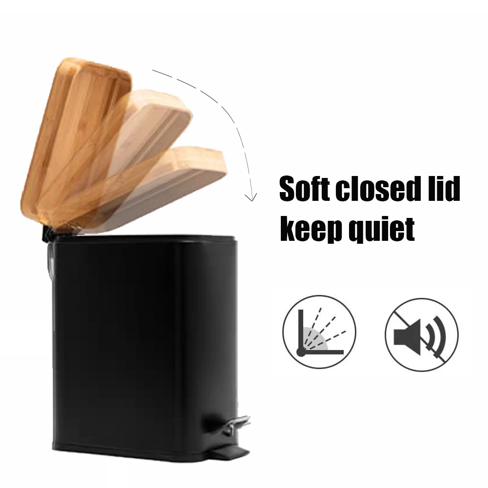 Bamboo Trash Can with Lid Soft Close 5 Liter 1.3 Gallon Slim Foot Pedal Waste bin Narrow Garbage Bin