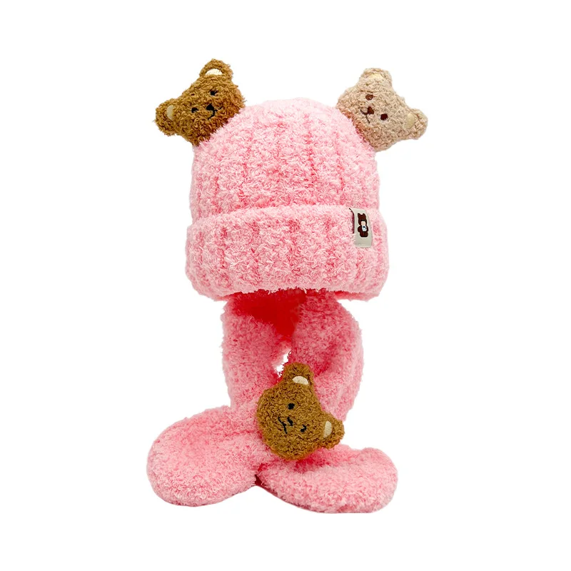 BSBH New Design Cute Plush Winter Hats Kid Scarf Set Baby Ear Warmers Fuzzy Beanie Hats Cartoon Baby Beanie Hats
