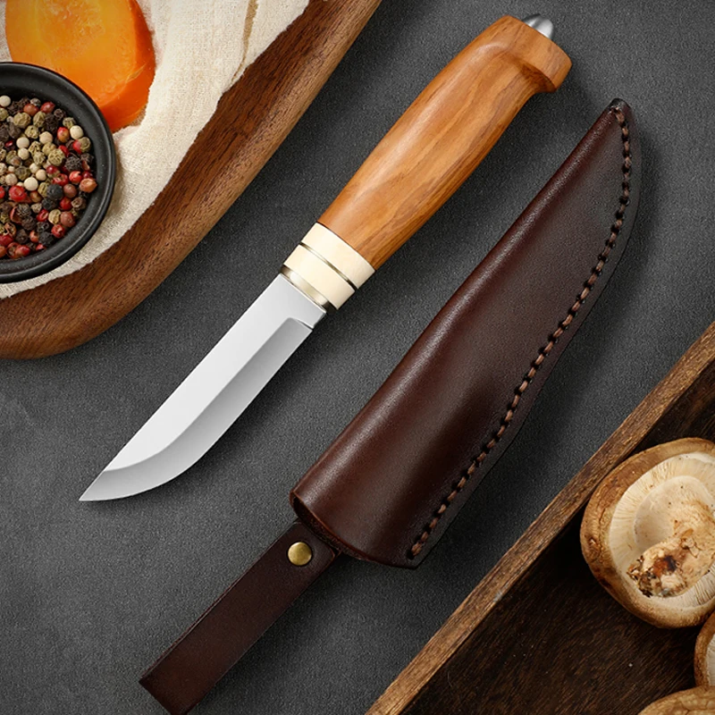 Multifunctional  Sandvik steel  Fruit knives olive wood handle Outdoor Camping Knife with Leather Sheath