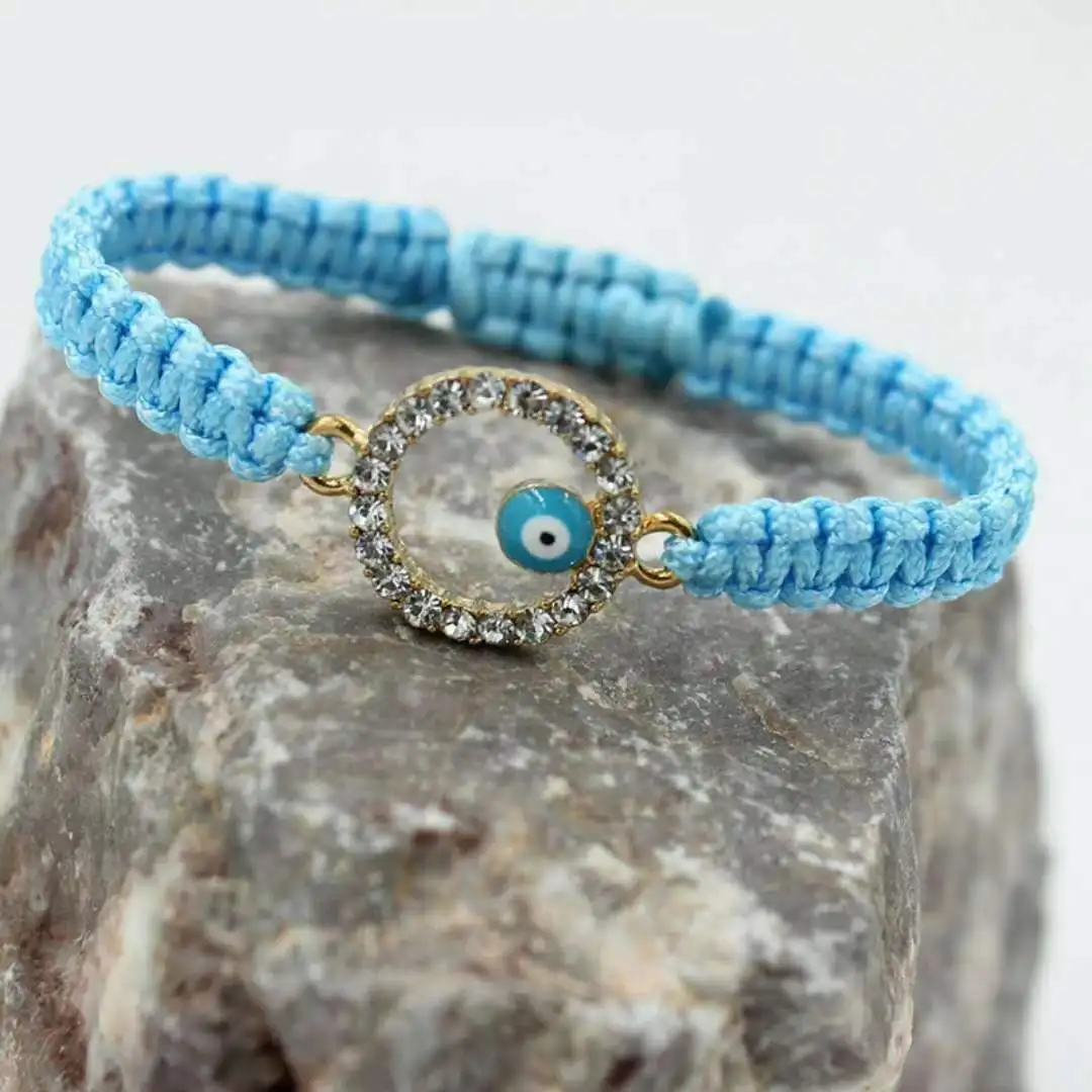 Wholesale Black Rope Handmade weaved Fashion Crystal Diamond Round Exorcise Devil Eye Bracelet for Adult