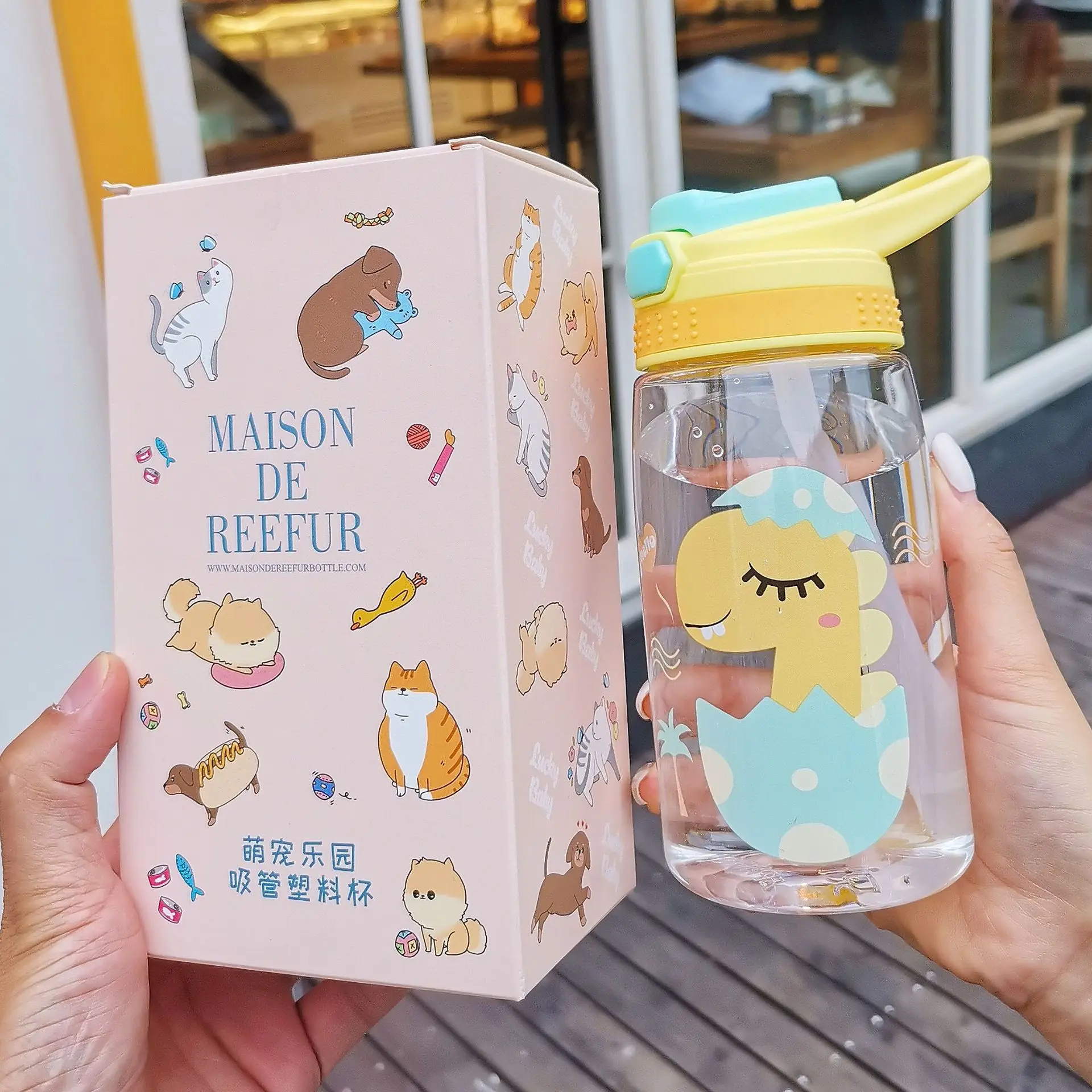 2023 promotional gift kawaii plastic kids water bottle with straw cute printing children drink water bottle