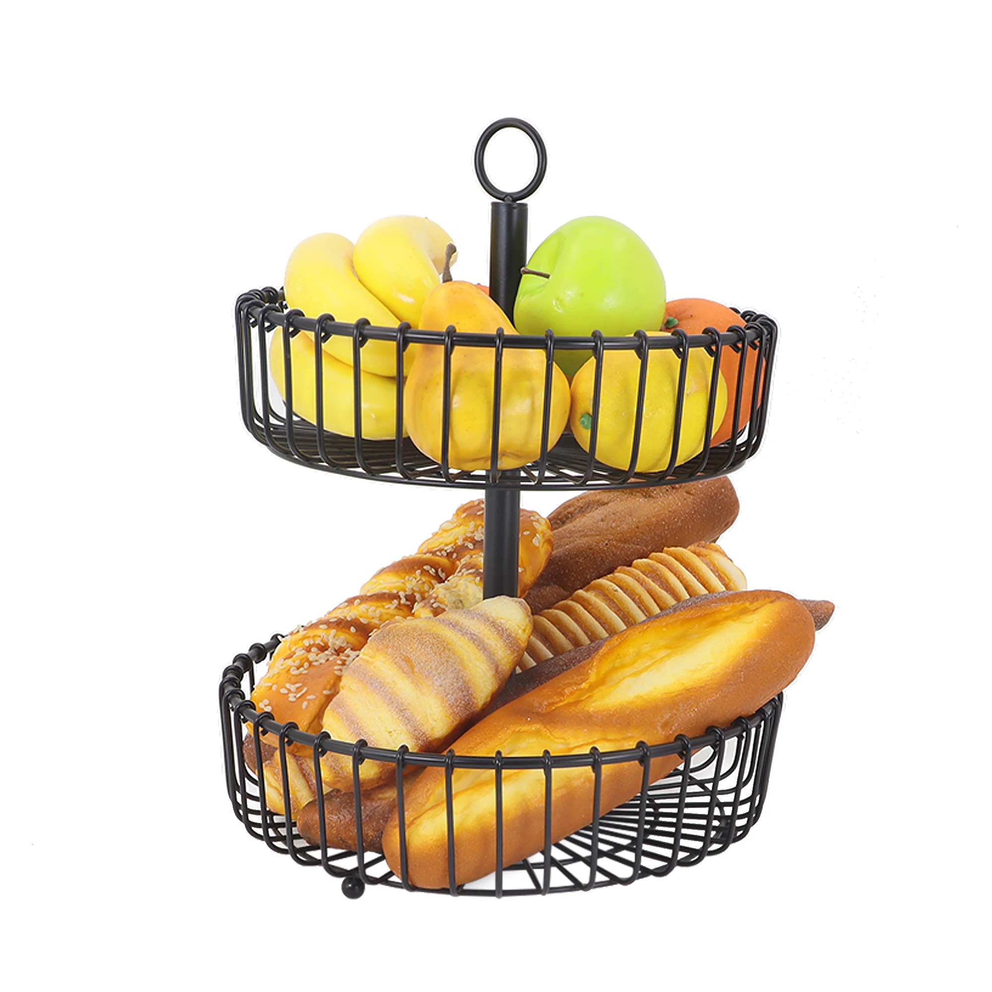 Good Quality 2 Tier Wicker Collapsible Fruit Drain Iron Basket With Banana Hanger