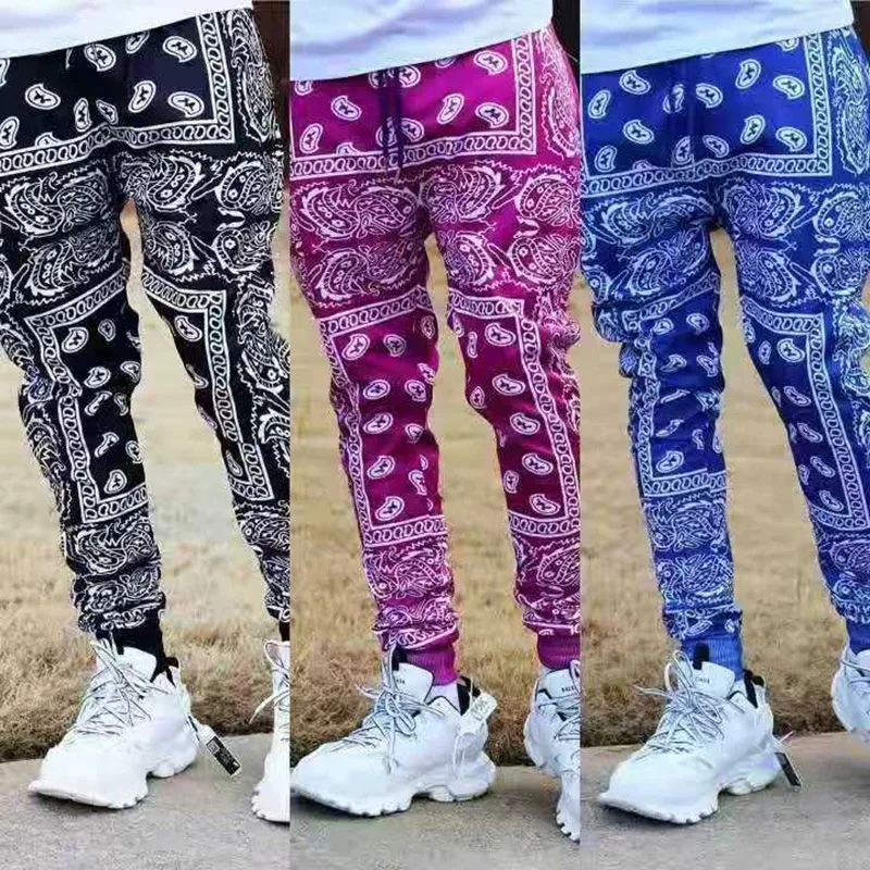JY37  Lasted design casual long sport pants bandana print mens bandana pants clothes High Street slim running trousers for men