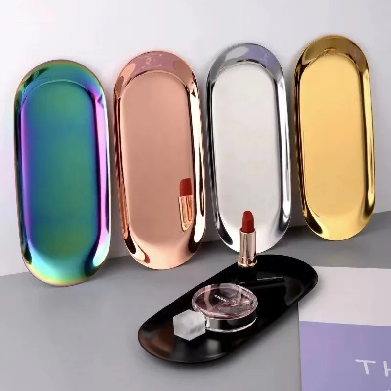 Oval Silver Gold Black Rainbow Metal Stainless Steel Snack Dessert Trinket Jewelry Rolling Serving Trays