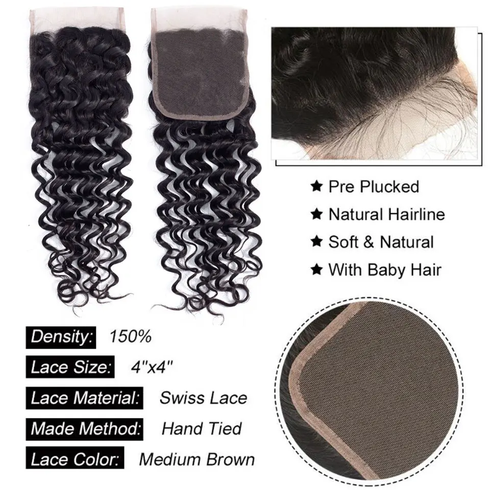 100% Pure Unprocessed Indian Virgin Human Hair Weaving Deep Wave Bundles Deals With Frontal Silk Base Lace Top Closure