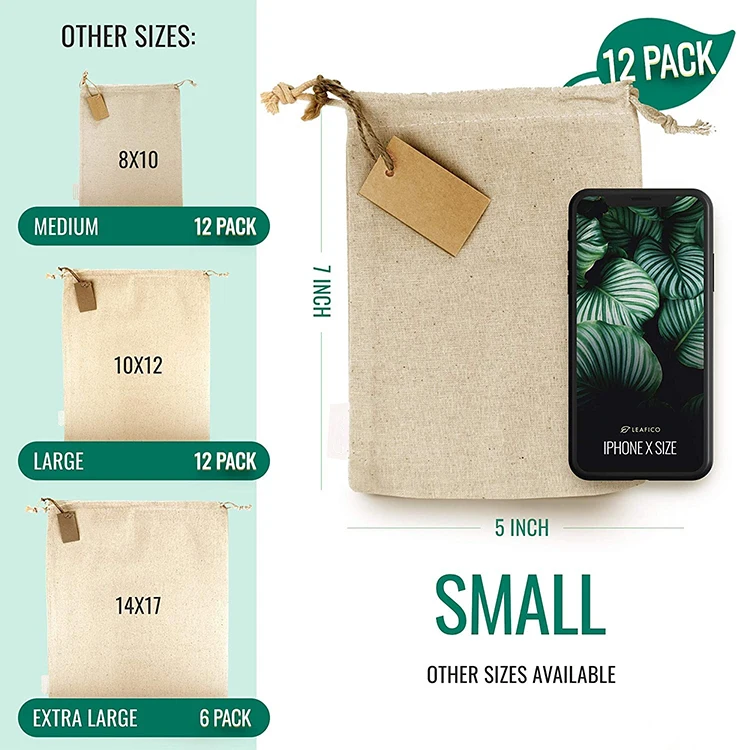 12 Pcs Reusable Muslin Storage Canvas Organic Cotton Bags with Drawstrings Biodegradable Fabric Bags - Snack Bags