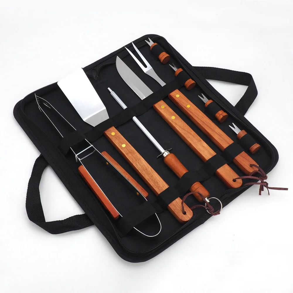 Outdoor Portable  10PCS  Wooden Handle Cookware BBQ Tool Set With Carry Bag For BBQ Kit Corn Holder
