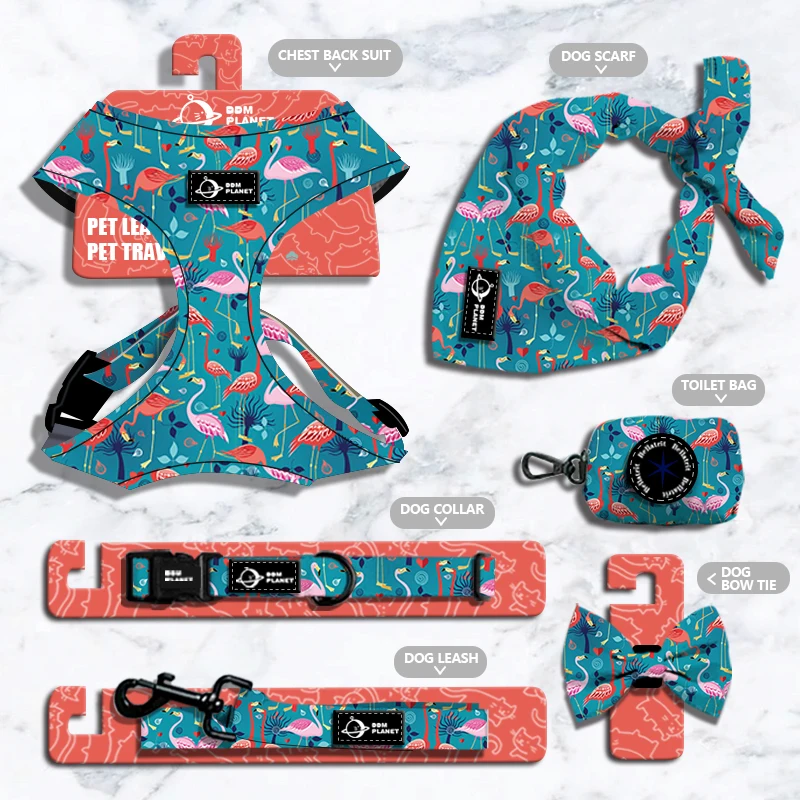 2021 Adjustable Dog Accessories Sublimation Dog Harness Set Custom Personalized Neoprene Pet Dog Chest Harness Collar and Leash