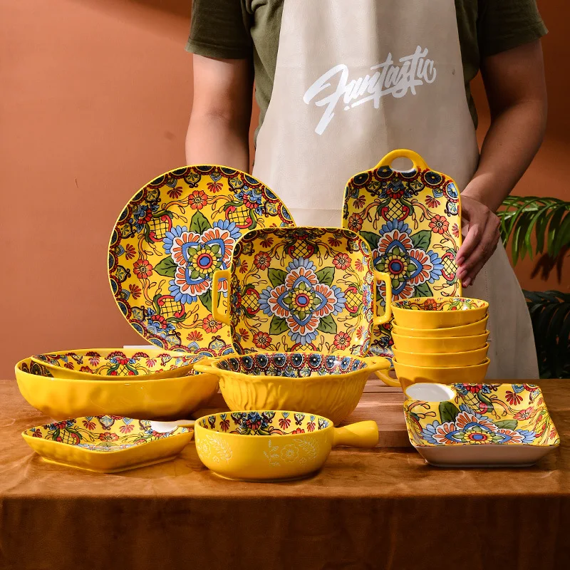 New Arrival Bohemian Dinnerware Set Household Ceramic Tableware Plate Yellow Flower Soup Bowl Dish Wholesale Retro