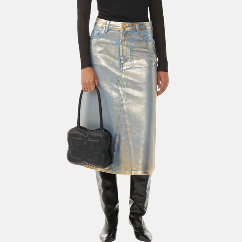 High street casual gold stamping denim skirt long jeans skirts for women