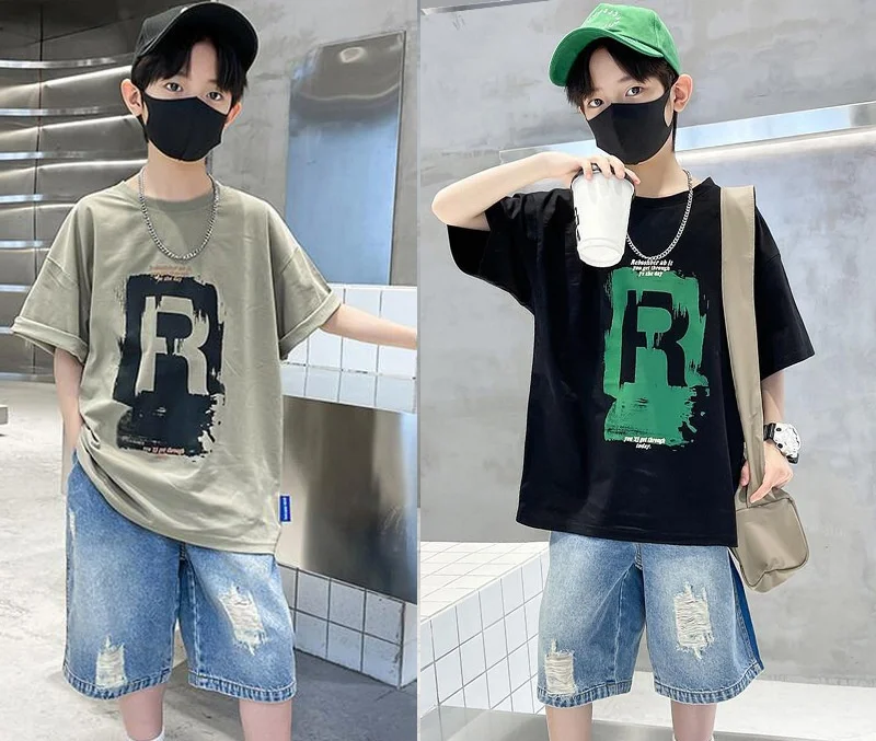 Factory Wholesale High-Quality Summer Boys Fashion 2pc Sets Short Sleeved T-Shirt Summer Suit Handsome Teenage Boy Suit
