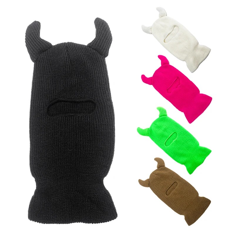 Winter Crochet Acrylic Knitted Funny Custom Balaclava Ski Mask Skimask Hat With Horns Ears For Men Women
