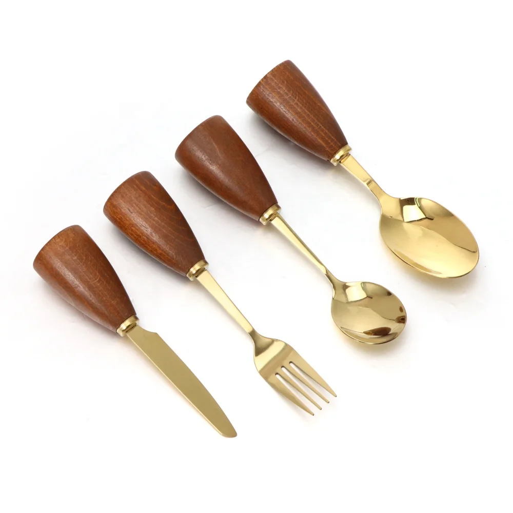 4PCS Wood Handle Stainless Steel Flatware Set Gold Reusable Cutlery Japanese Style Dinner Knive Fork Spoons Creative Tableware