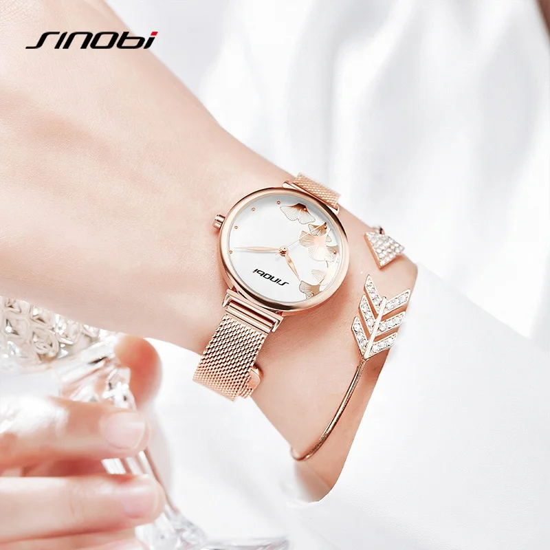 Sinobi Vintage Small Dial Women Quartz Watches Luxury Steel Bracelet Rose Gold Ladies Watch For Party Mesh Stainless Steel Band