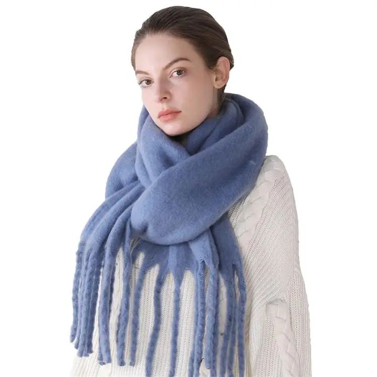HEFT BOOOGE 2021 Fashionable Winter Plain Solid Colors Large Tassels Mohair Thick Warm Scarf