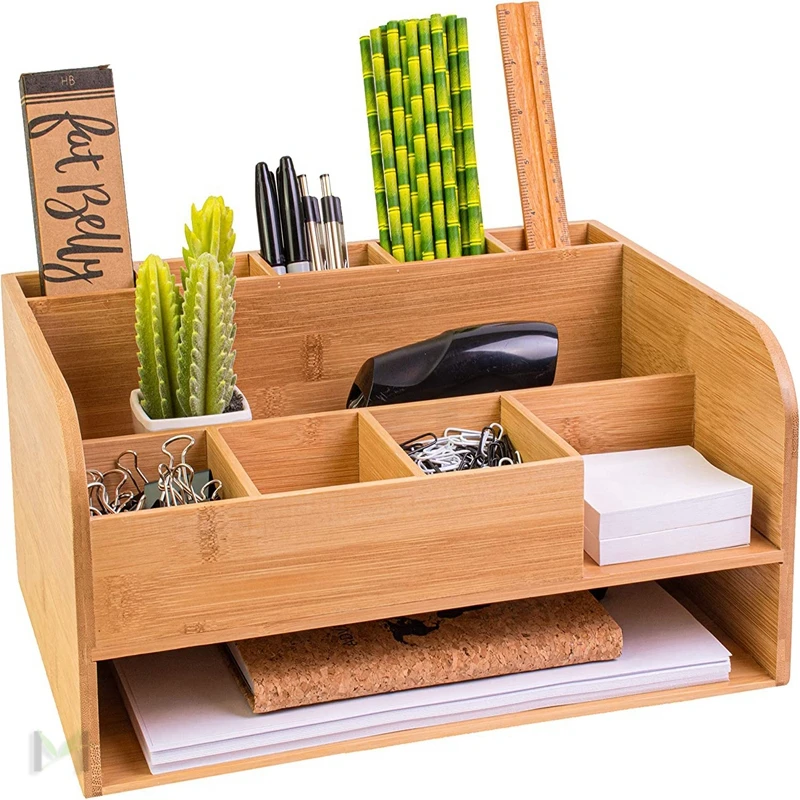 Bamboo Desk Organizer 2 Tier Large Capacity Storage Durable Wood Table Top Storage for Pencils, Notepads Office Supplies