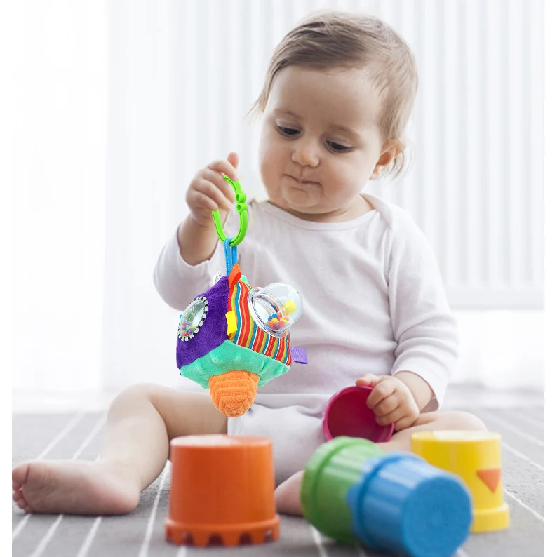 babyfans 2024 new design product baby soft cube hanging toys with rattle mirror for stroller or crib different material sensory