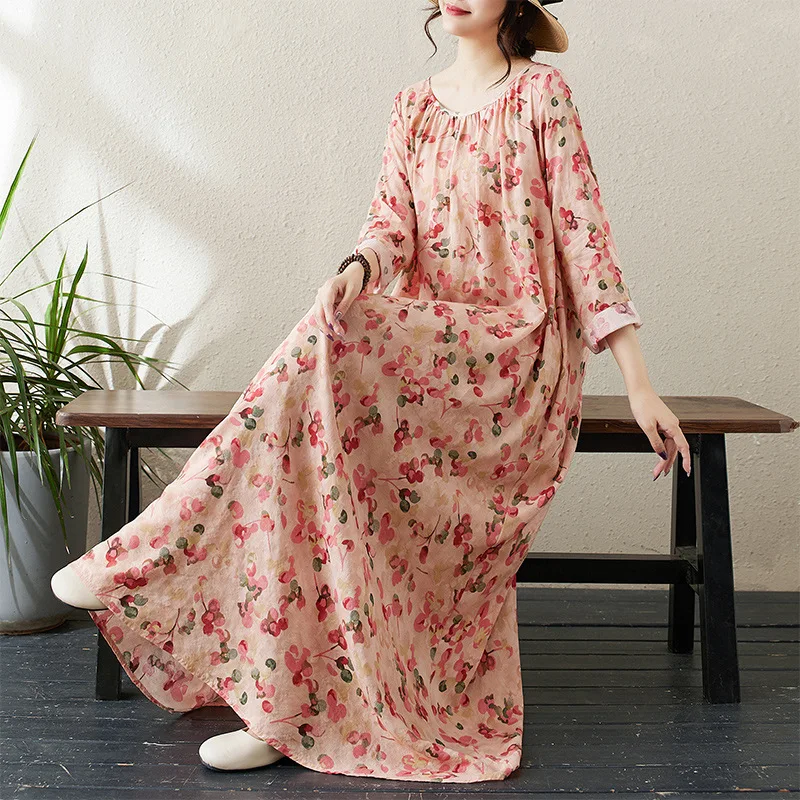 Autumn new round neck draw pleated slack lazy skirt minimalist long-sleeved holiday style casual loose dress