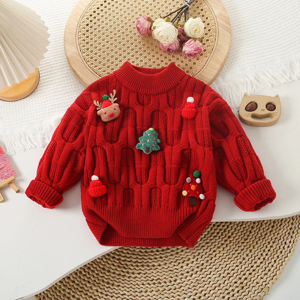 2024 New Christmas Jacquard Pullover Long Sleeved Red Knitted Sweater for Girls Boys Autumn Party Fashion Baby Knitted Fabric