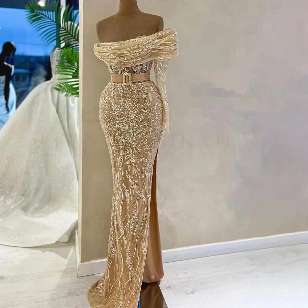 Nude/Blue/Green Arabic Mermaid One Shoulder Beaded Prom Gowns For Women Wedding Party 2024 Designer Luxury Dubai Evening Dresses