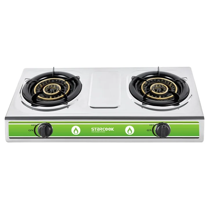 Golden Supplier Gas Cooker Double Burner Indoor Stainless Steel Cooktops With Cast Iron Burner