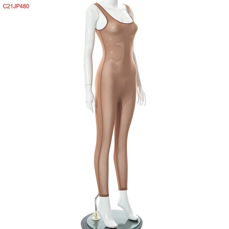 YIXIN Sexy See Through Streetwear Sleeveless Solid Color High Elastic Bodycon Jumpsuit Women Casual