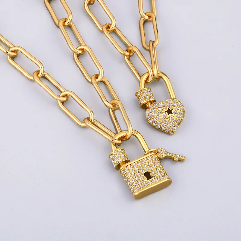 18K Gold Plated Link Chain Lock Heart Paved CZ Beads Clasps Necklace Heart Carabiner Lock Pendant Necklace