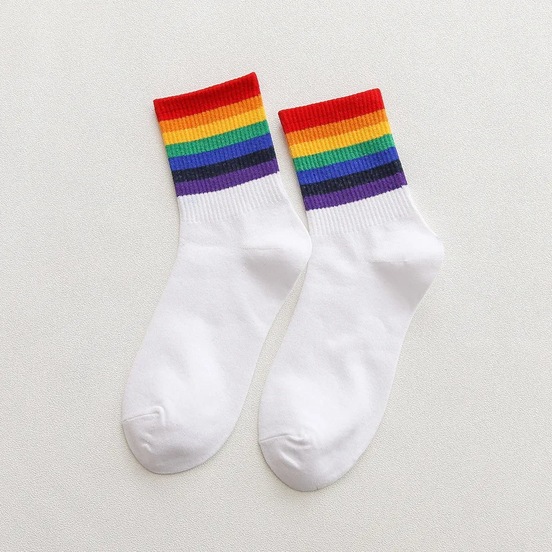Hot Sale Unisex Adult One Size Rainbow Sports Socks Customized Cotton Polyester Colorful Happy Socks