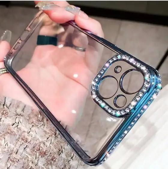 Transparent Plating Soft TPU Cover for iPhone Diamond Glitter Phone Cover for iPhone 14 Pro Glitter Case with Lens Protector