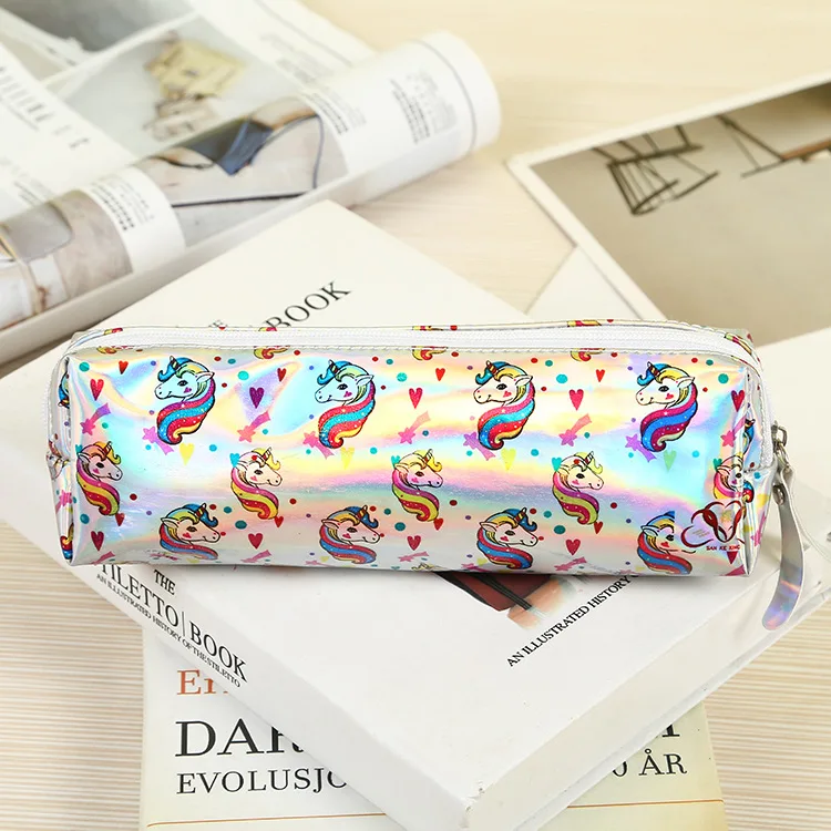 Cute Mermaid Holographic Pencil Case for Kids Waterproof Unicorn Laser Leather Zipper Pen Pencil Case Bag for Gift