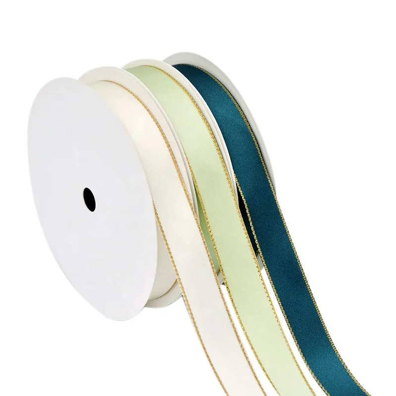 Yama manufacturer wholesales price polyester 16mm width fashion novelty high quality satin ribbon gold edges