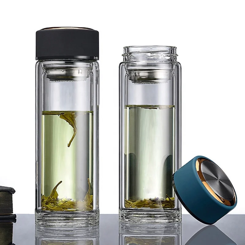 Wholesale Custom Business Double Wall Clear Thermal Insulation Glass Water Tea Infuser Bottle With Filter