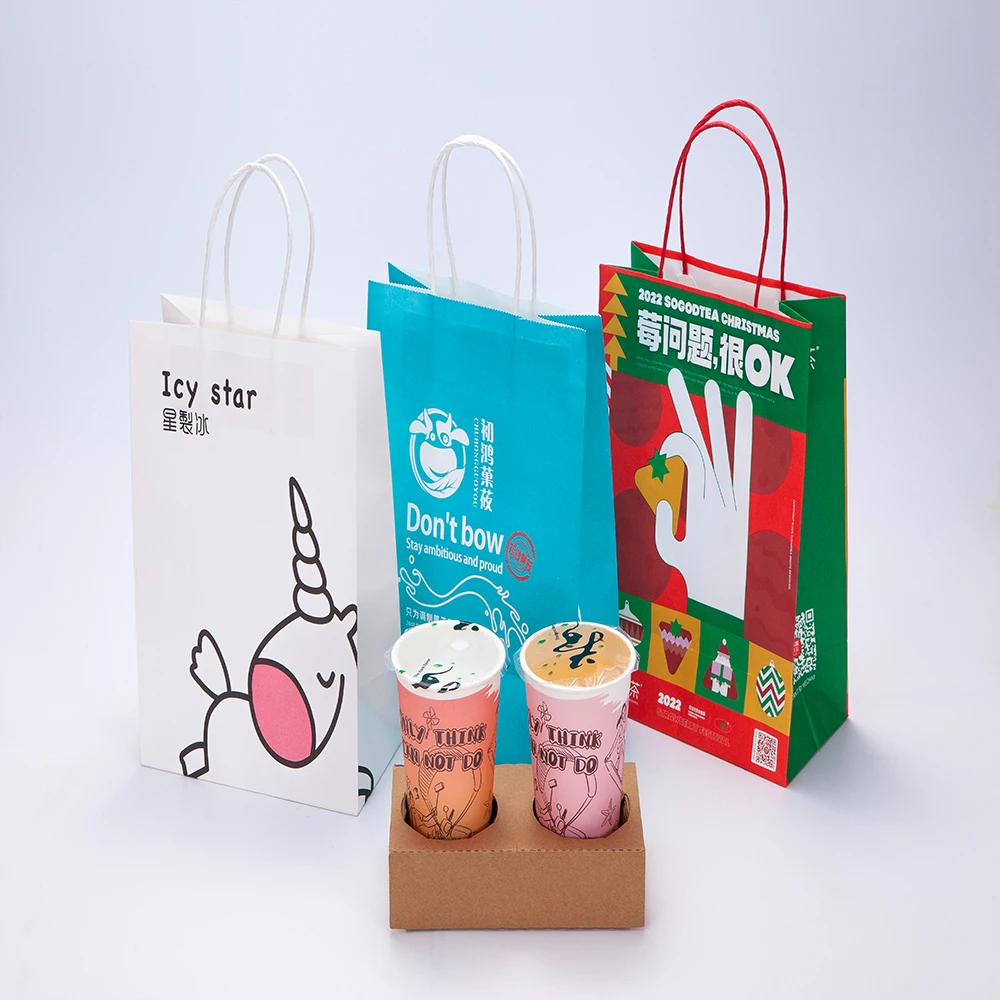 Custom Logo Print Wholesale Bolsa Papel Recyclable Kraft Paper Coffee Hot Drink Take Away Food Bag with Handle