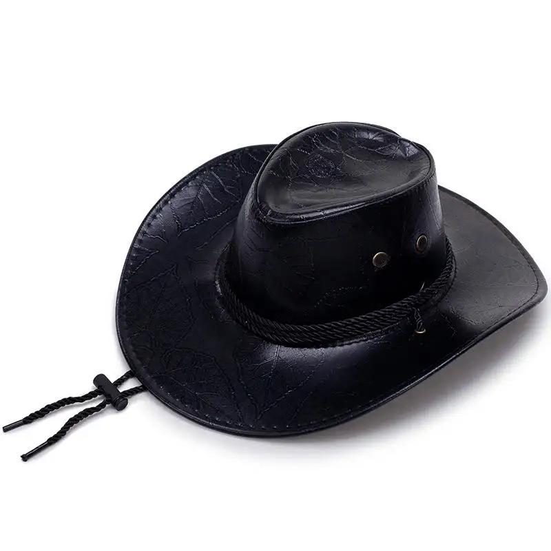 Hot Sale Bulk Cowboy Hats Men Adult Leather Print Ranger Panama Black Cowboy Hat Men