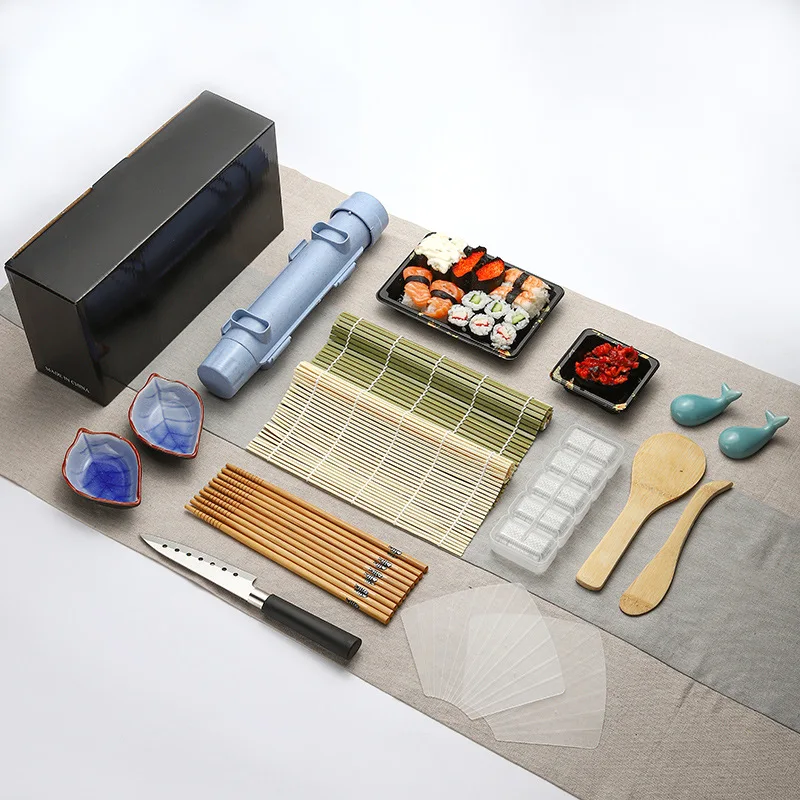 Easy to Use DIY Homemade 15pcs All in One Sushi Roller Mats Saucers and Bazooka included Sushi Making Kit